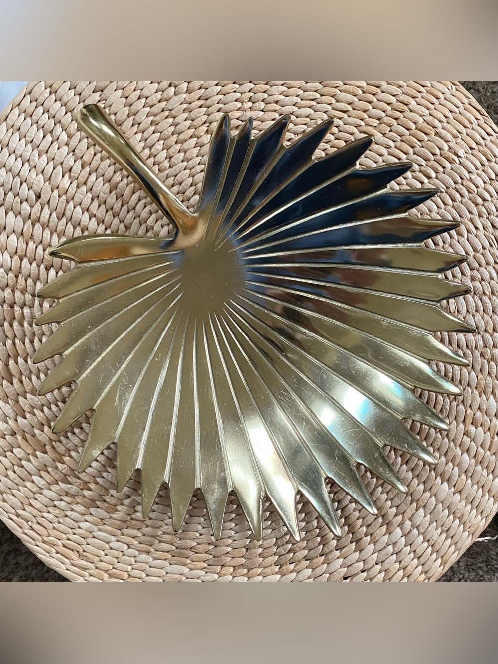 Large Gold Palm Leaf Decorative Tray Bowl Dish 13.5” Cast Metal Made in India